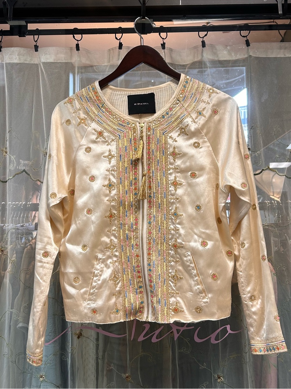 rapsodia metallic beige tan gold embroidered indian print sequin jacket